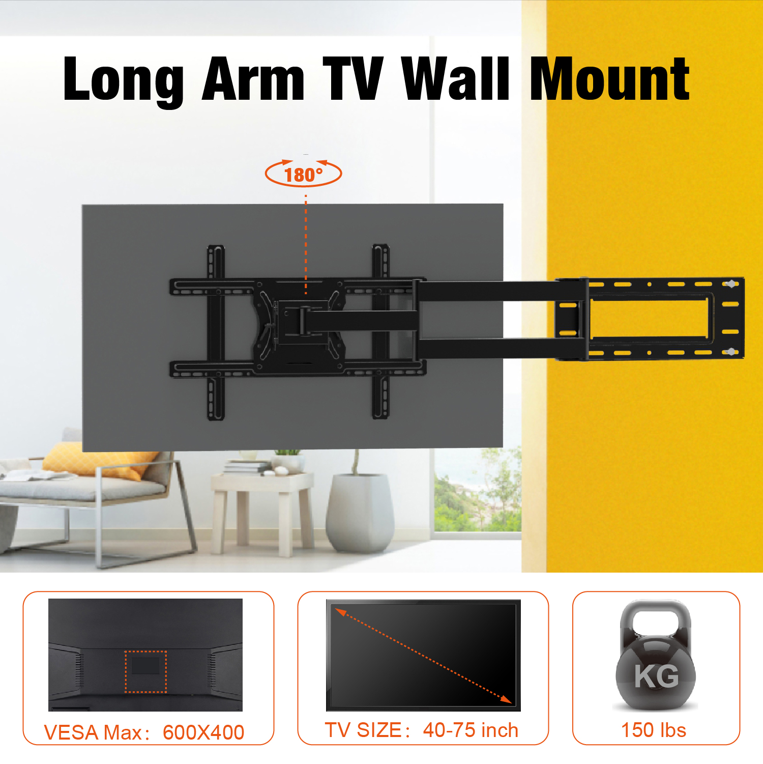 Extra Long Single Cantilever Heavy Duty Full Motion TV Wall Mount