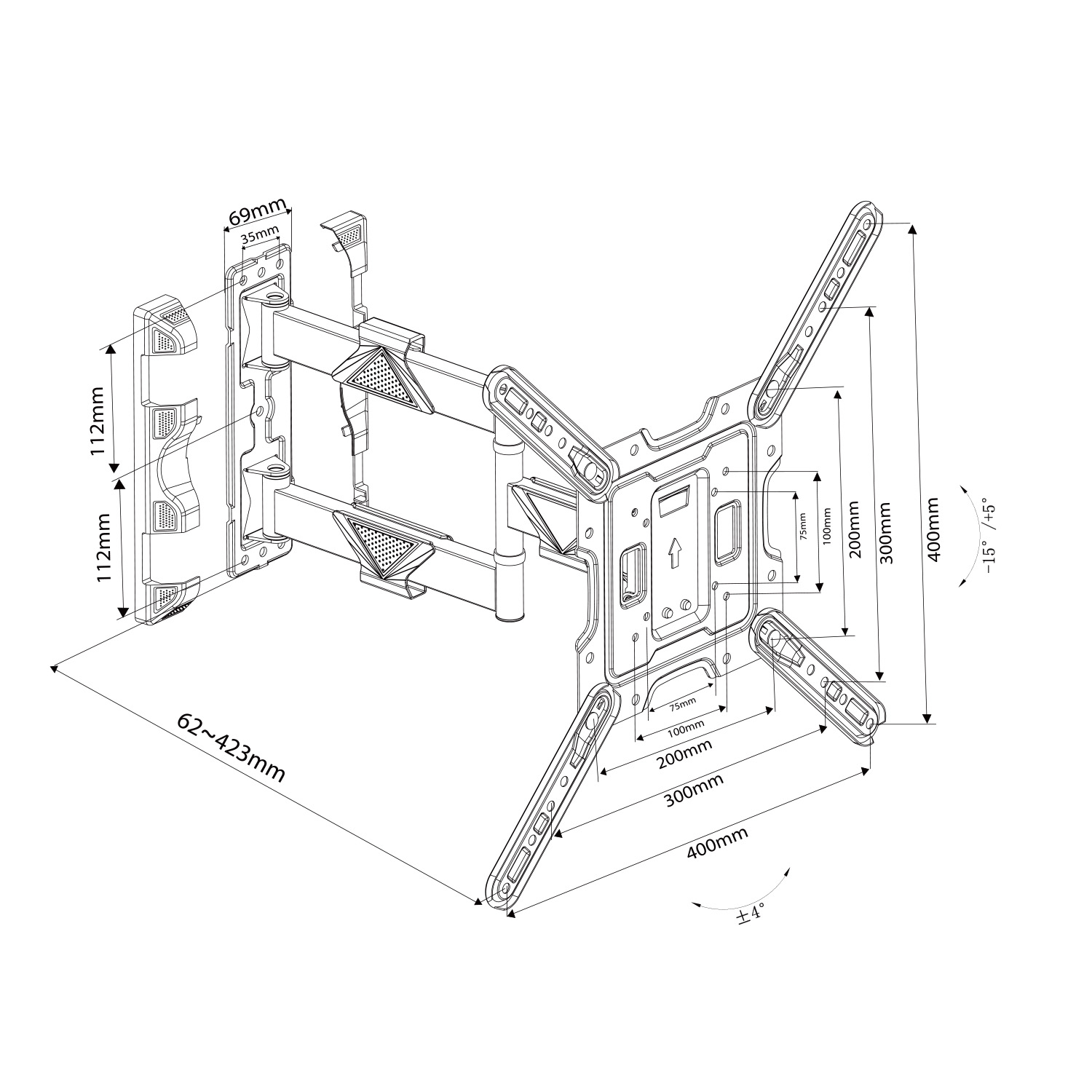 26-55 Inch Universal Telescopic Retractable Wall Bracket LCD Swivel TV Mount