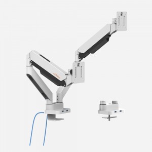 White Dual Monitor Arms with 2 USB 3.0 Ports for Charging and Access to Data