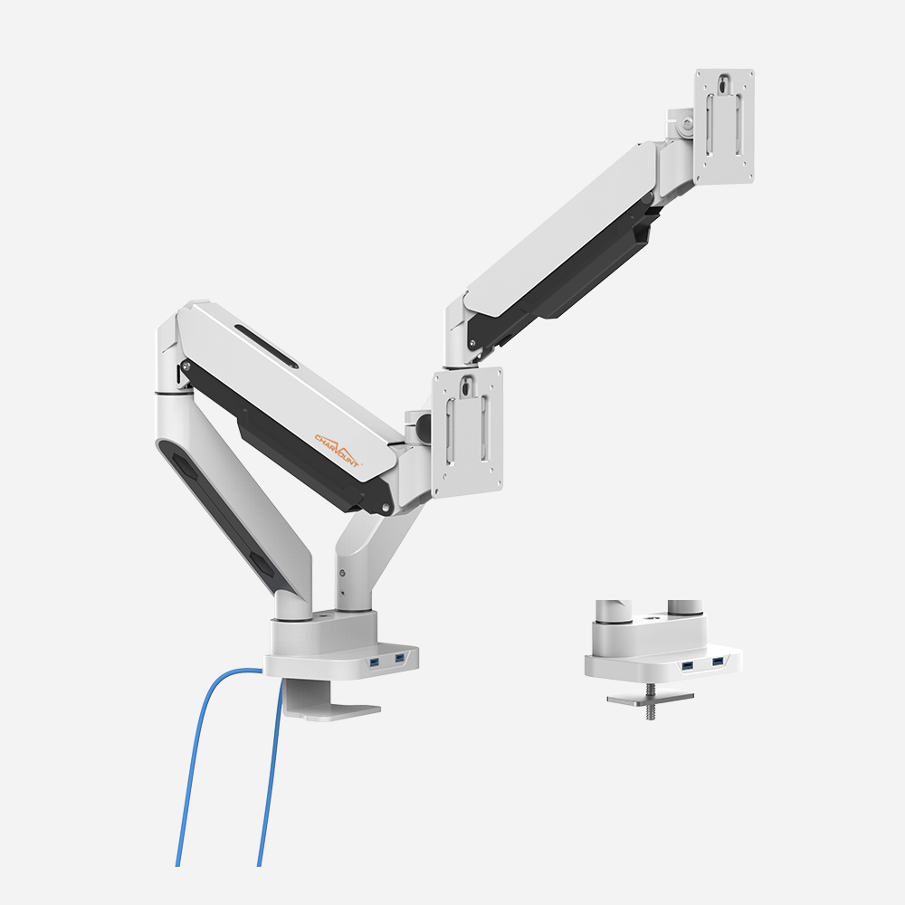 White Dual Monitor Arms na may 2 USB 3.0 Port para sa Pag-charge at Access sa Data