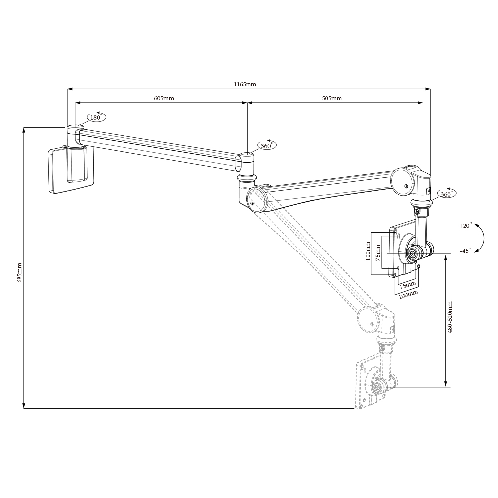 Wholesale Long Arm Medical Grade Monitor Tablet Wall Mount for Assisted Living Centers, Home Healthcare