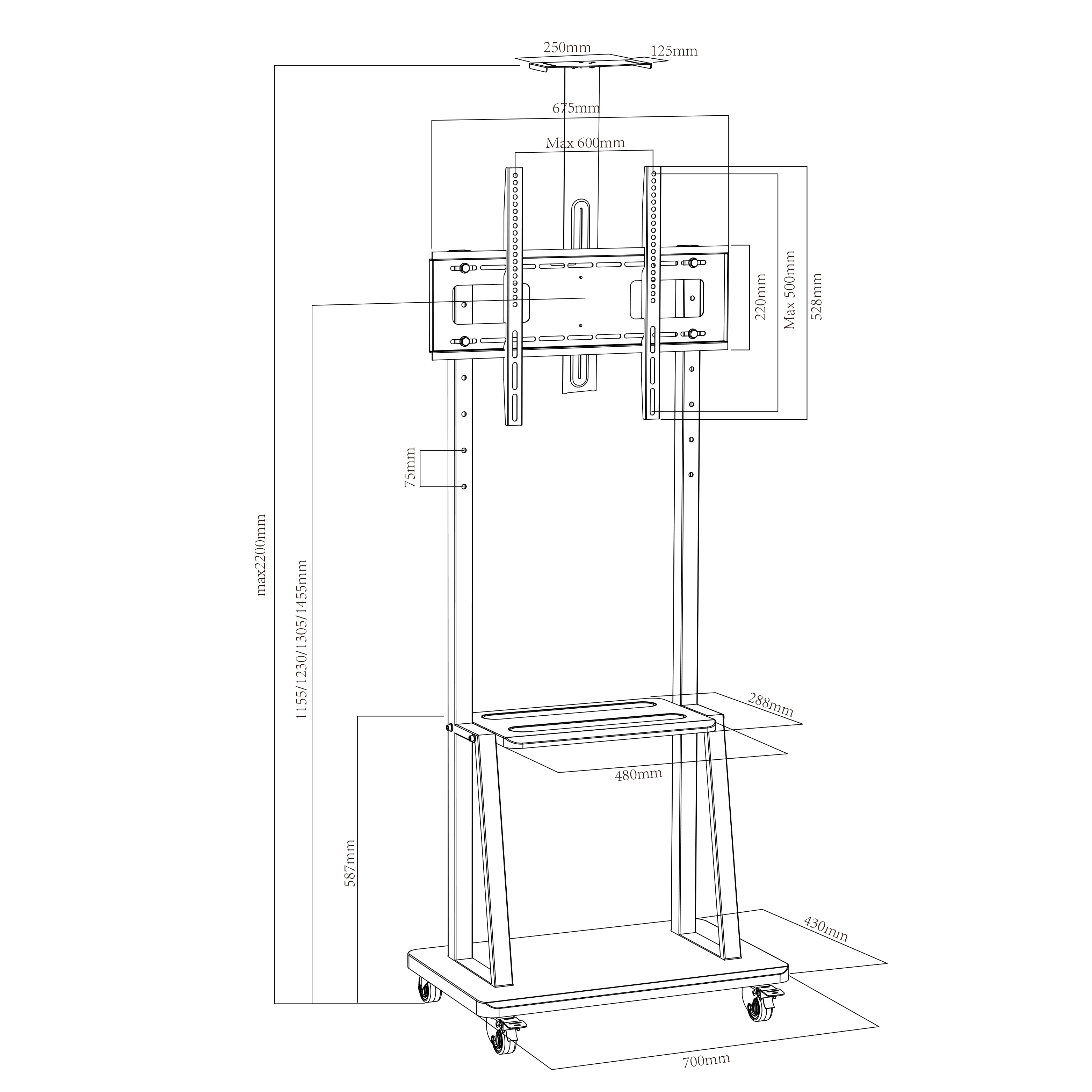 Hot Selling Height Adjustable Removeable TV Stand LED TV Cart