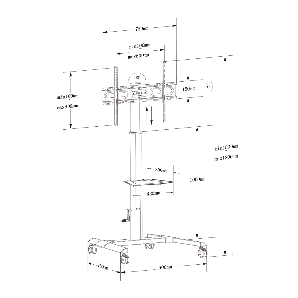 Manual Height Adjustable Mobile TV Stand Cart with Lockable Casters