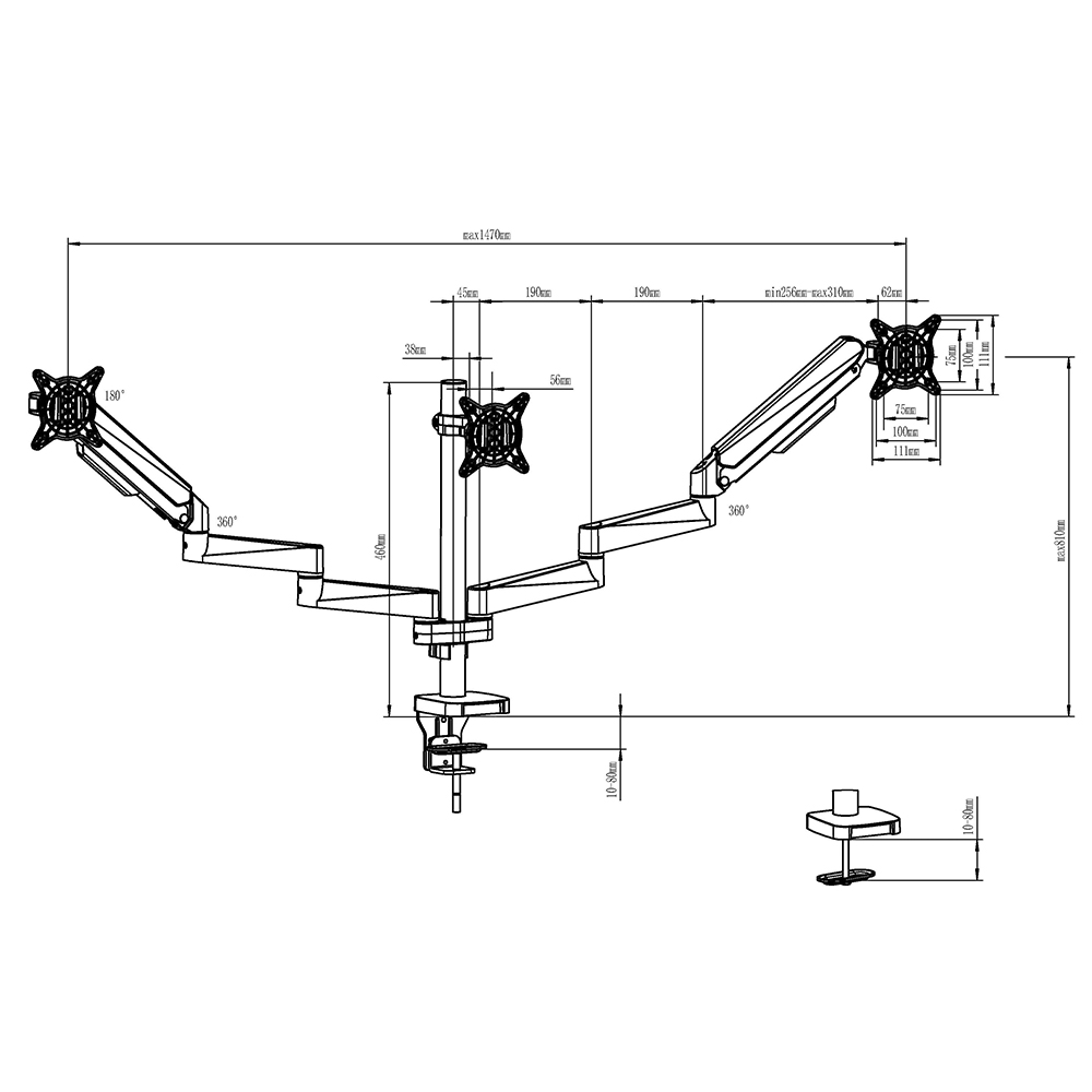 Height Adjustable Triple Monitor Arms