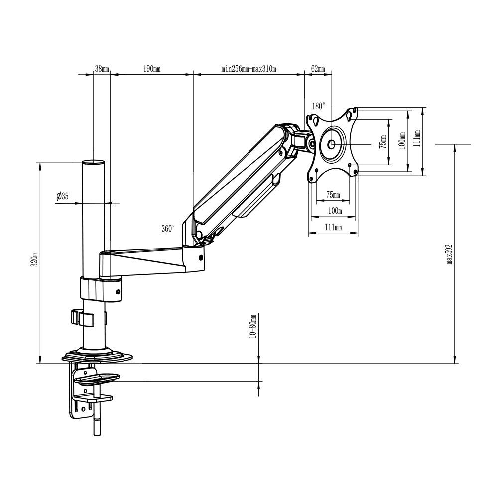 Height Adjustable Single Monitor Arm Bracket