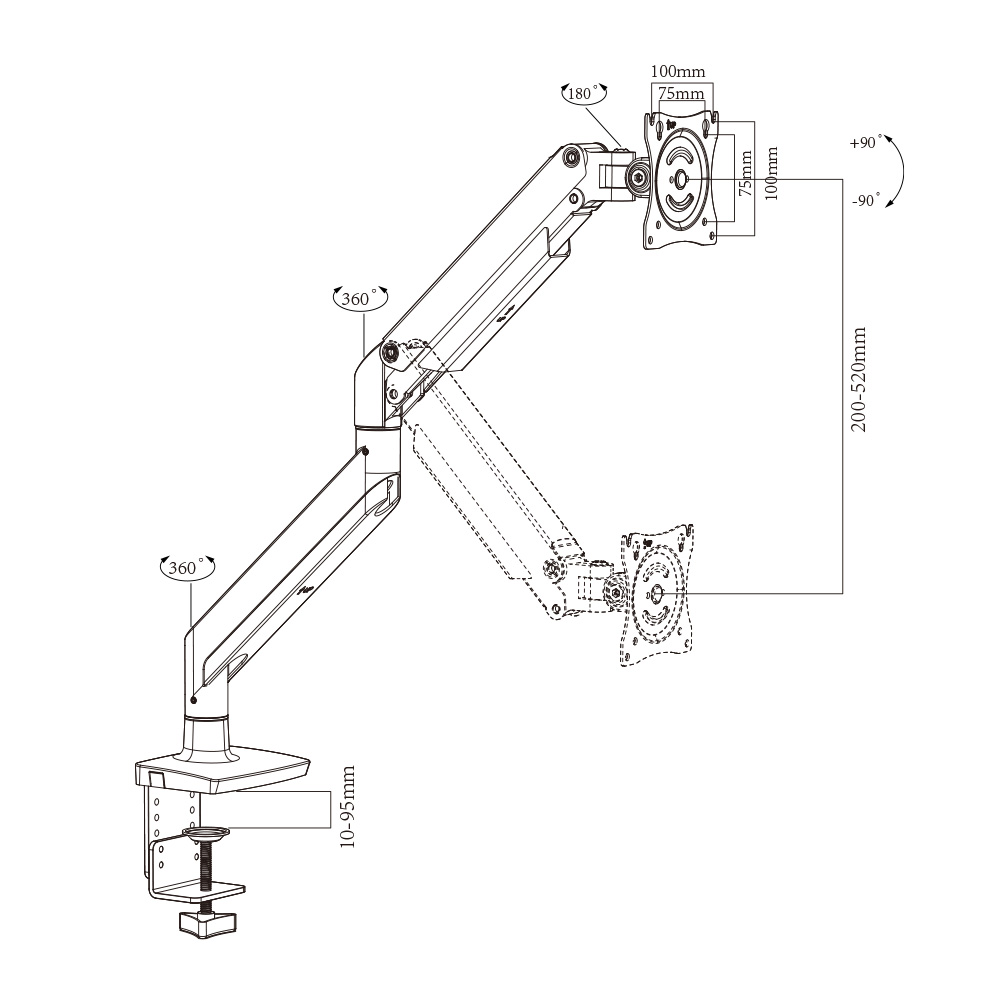 Single Monitor Arm Bracket with Superspeed USB Data Transfer