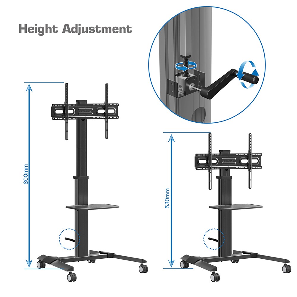 Rotation Manual Height Adjustable Mobile TV Trolly Cart with Lockable Casters