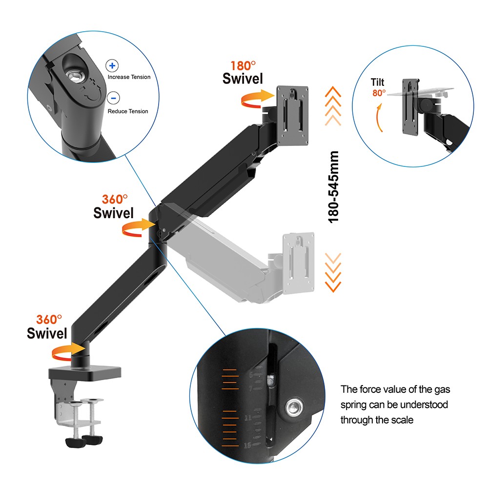 Heavy-Duty Gas Spring Single Monitor Arm