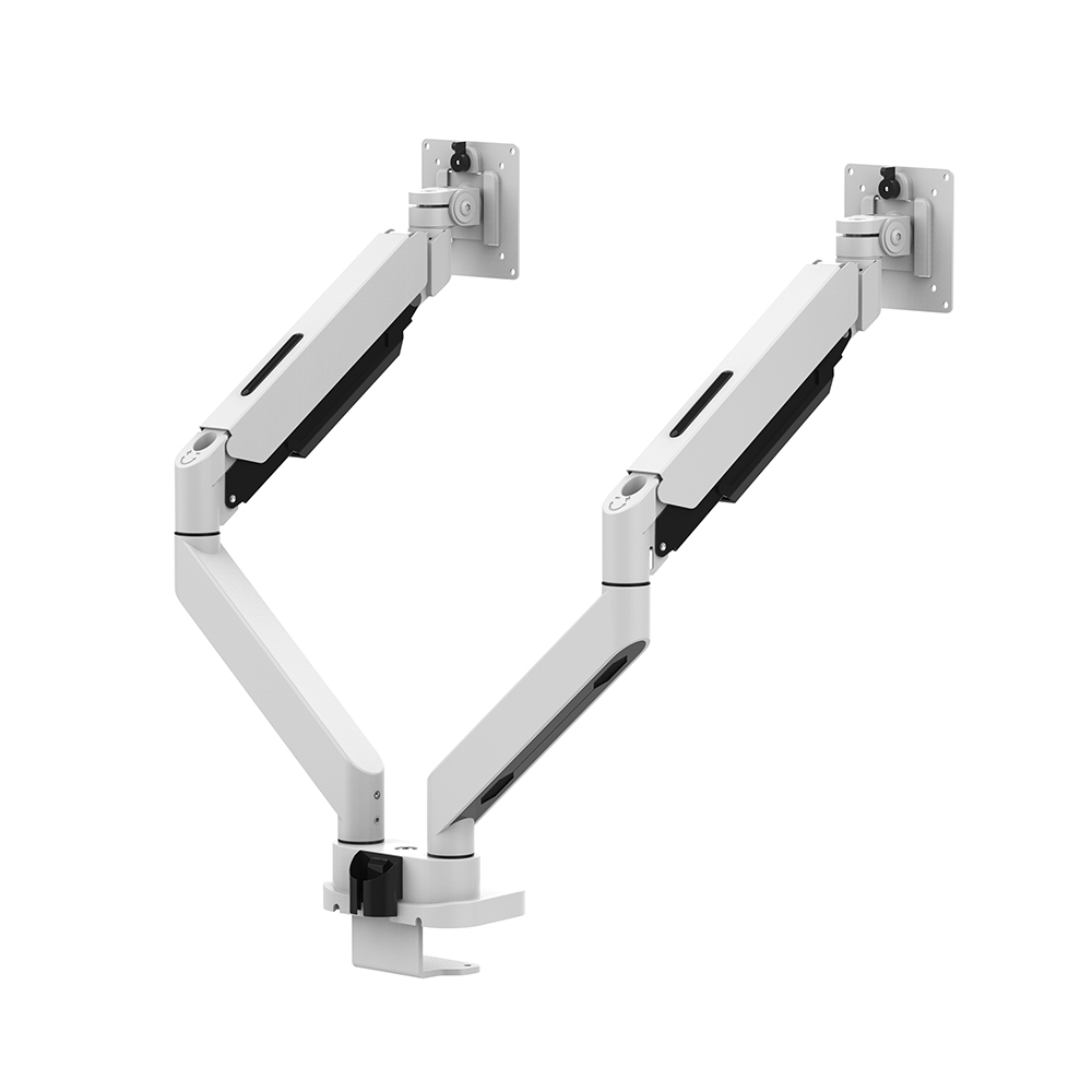 White Dual Monitor Arms with 2 USB 3.0 Ports for Charging and Access to Data