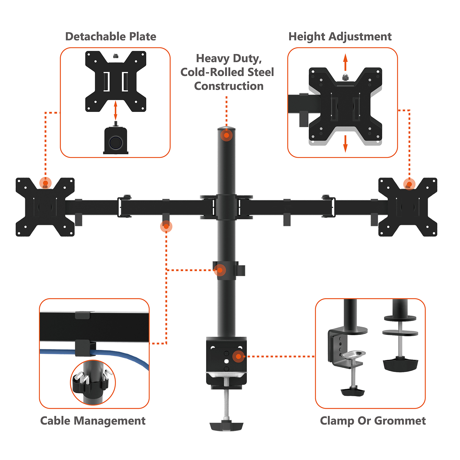 HEIGHT ADJUSTABLE DUAL MONITOR STAND ARM MOUNT