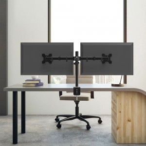 Stalowy stojak do montażu na biurku z dwoma monitorami