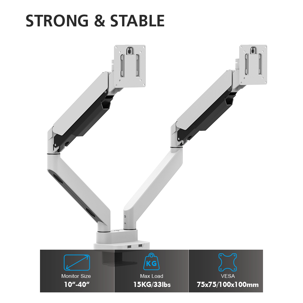 White Dual Monitor Arms with 2 USB 3.0 Ports for Charging and Access to Data