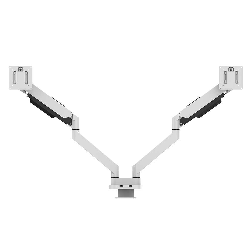 White Dual Monitor Arms with 2 USB 3.0 Ports for Charging and Access to Data