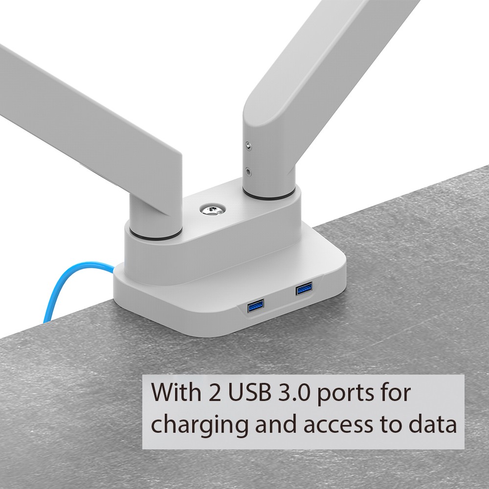 White Dual Monitor Arms with 2 USB 3.0 Ports for Charging and Access to Data