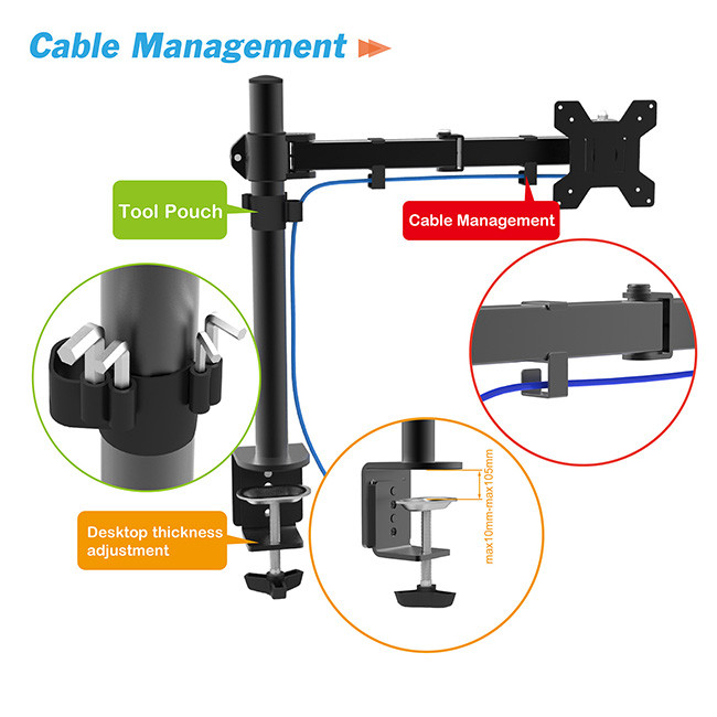 ODM Tabletop Tv Stand Factories –  Long Single Arm Monitor Desk Mount – CHARM-TECH