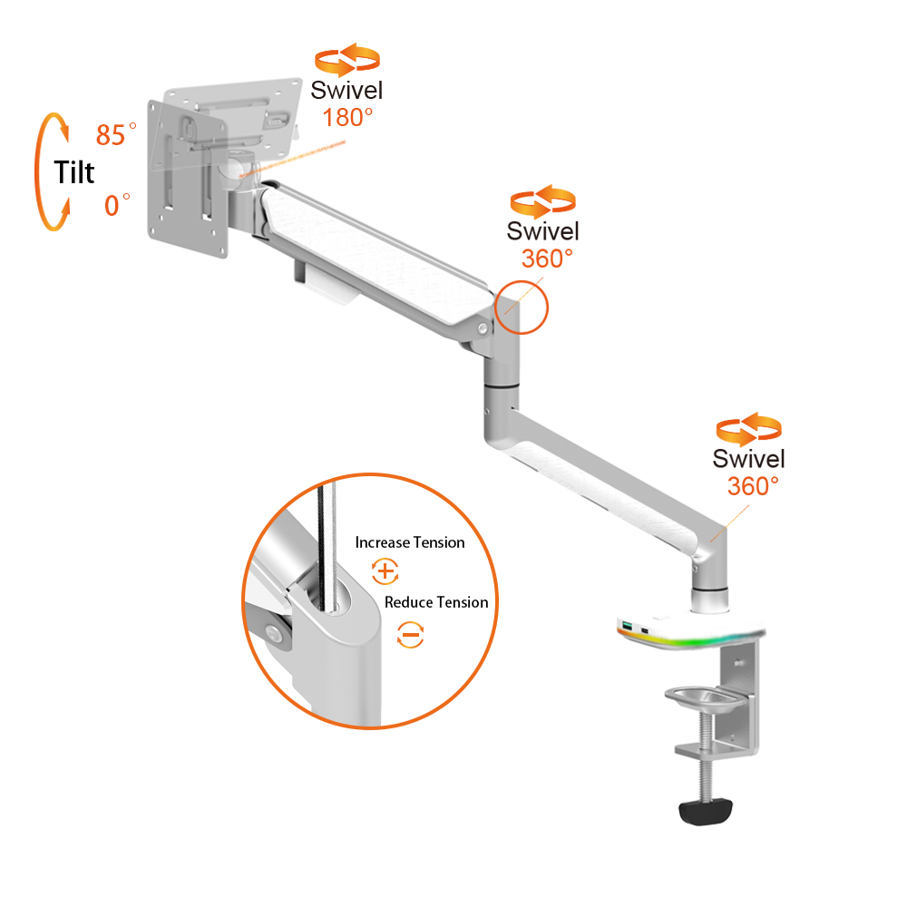 Gas Spring Single Monitor Arm with RGB Lights