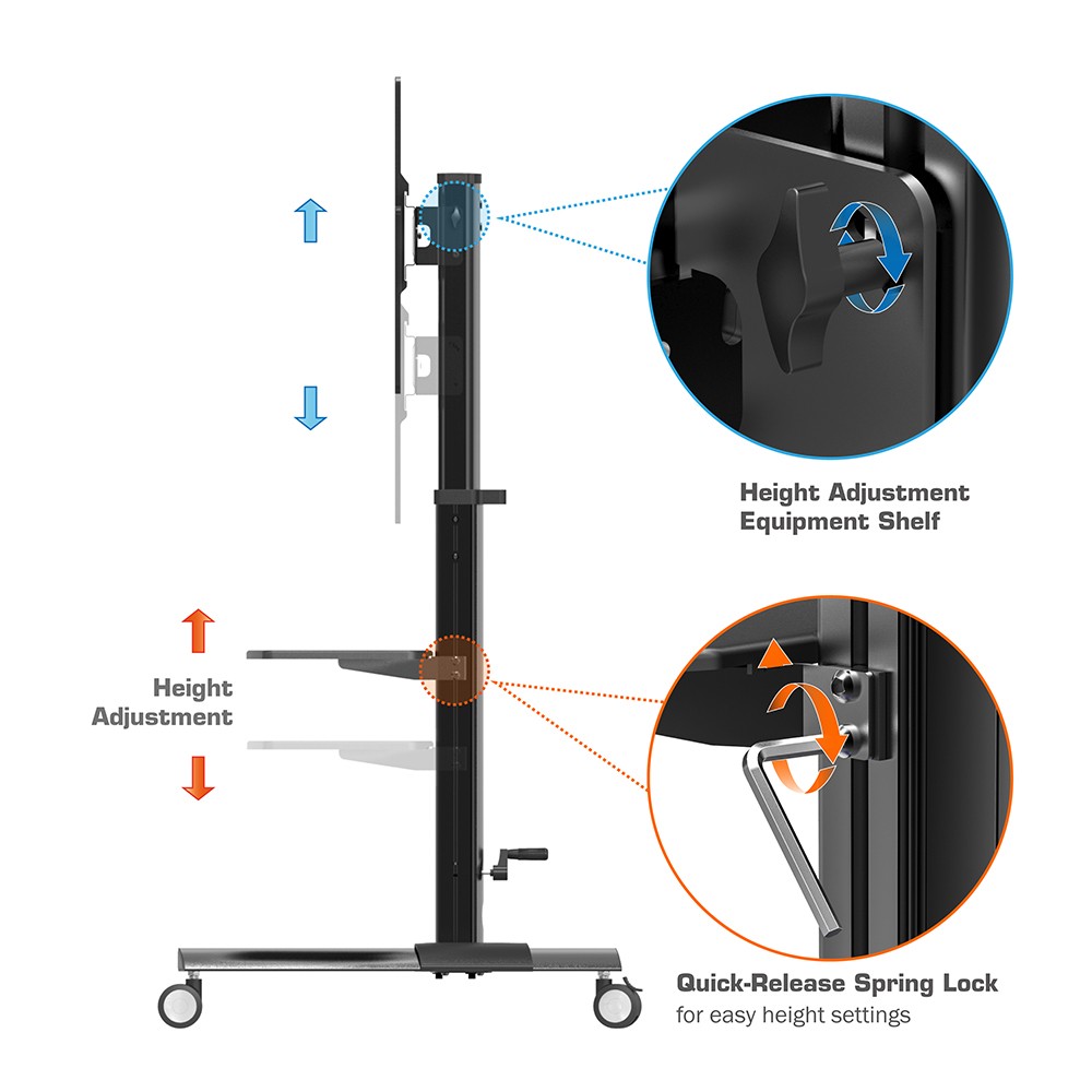 Rotation Manual Height Adjustable Mobile TV Trolly Cart with Lockable Casters